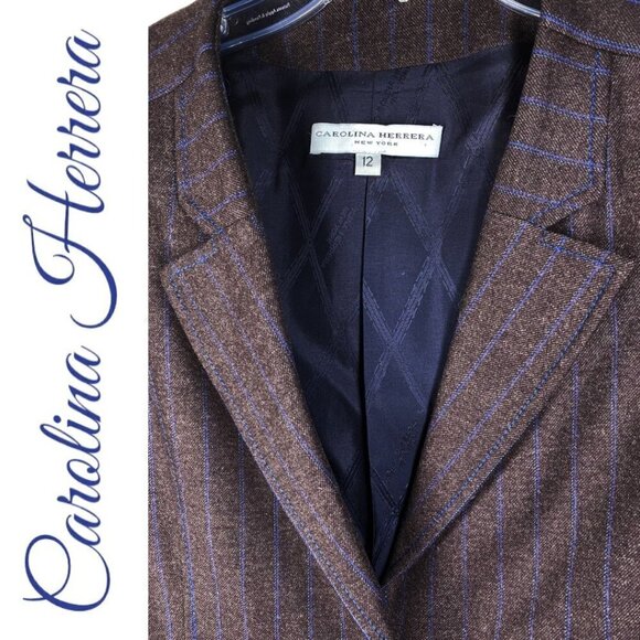 CAROLINA HERRERA Elegant Wool Cashmere Blend 1-Button Pinstriped Blazer, Size 12 - Picture 7 of 9